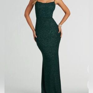 Hunter green Windsor prom dress glitter halter neck maxi dress with slit open